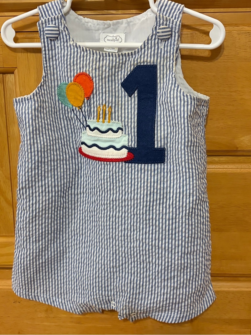 Mud Pie Boy's Blue and White Seersucker First Birthday Jon-Jon Size 12 Months